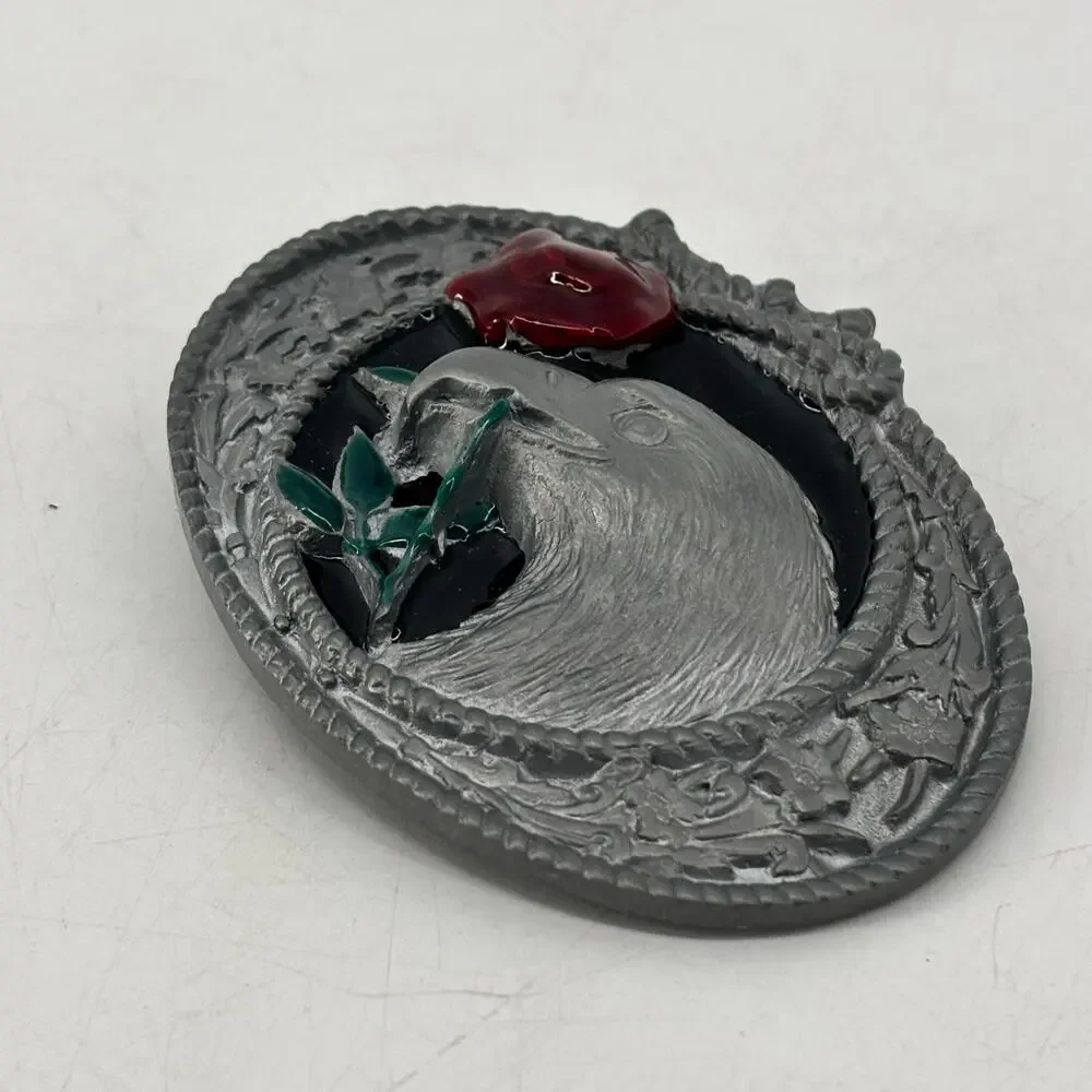 Eagle Belt Buckle Red Rose Enamel Western Americana Top Pewter